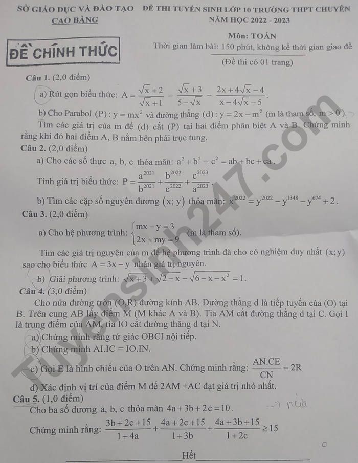 De thi vao lop 10 tinh Cao Bang mon Toan chuyen 2022