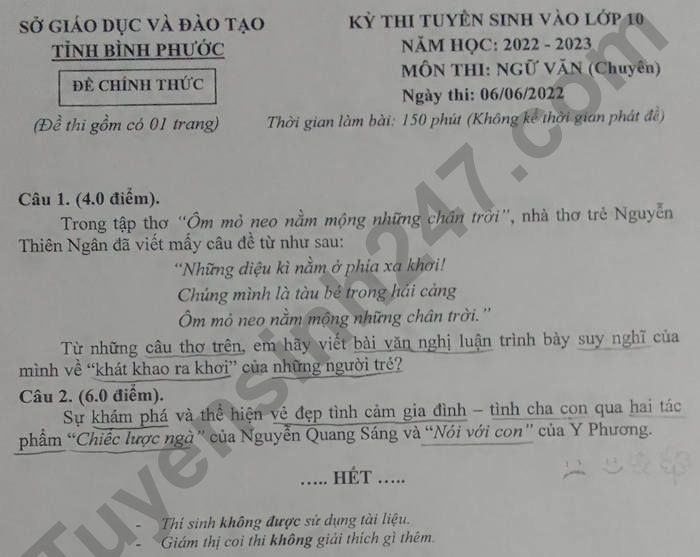 De thi vao lop 10 tinh Binh Phuoc mon Van chuyen 2022