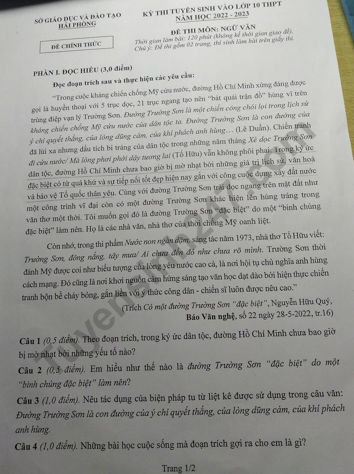 De thi tuyen sinh vao lop 10 mon Van TP Hai Phong 2022 co dap an