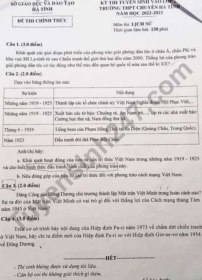 De thi vao lop 10 THPT Chuyen Ha Tinh 2022 - mon Su chuyen