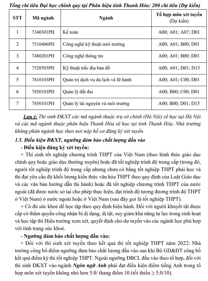 DH Tai nguyen va Moi truong Ha Noi cong bo phuong an tuyen sinh 2022