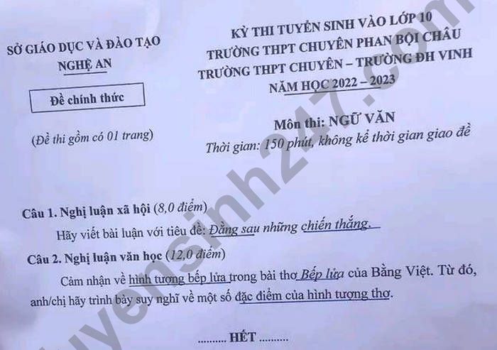De thi vao lop 10 tinh Nghe An mon Van chuyen 2022