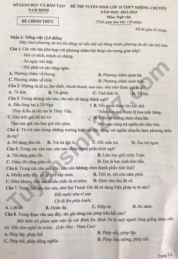 Dap an de thi mon Van vao lop 10 - Nam Dinh 2022