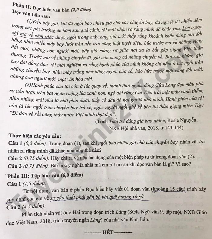 Dap an de thi mon Van vao lop 10 - Nam Dinh 2022
