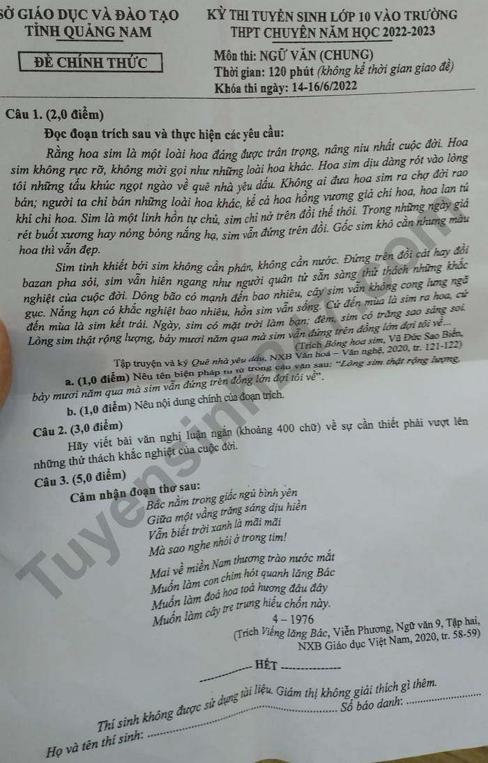 De thi vao lop 10 Chuyen mon Van - tinh Quang Nam 2022