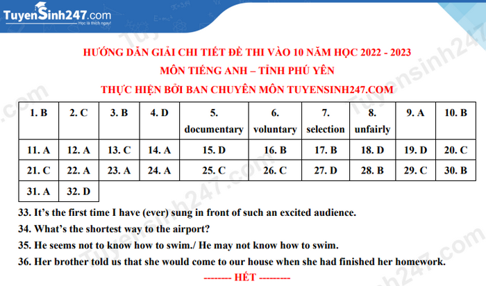 Dap an de thi vao lop 10 mon Anh 2022 - Phu Yen