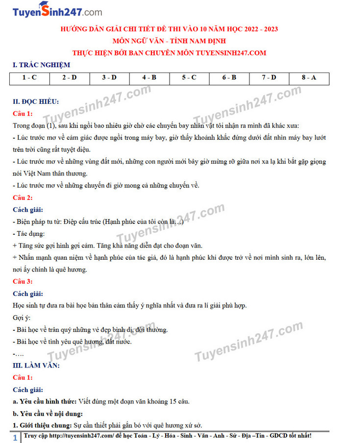 Dap an de thi mon Van vao lop 10 - Nam Dinh 2022