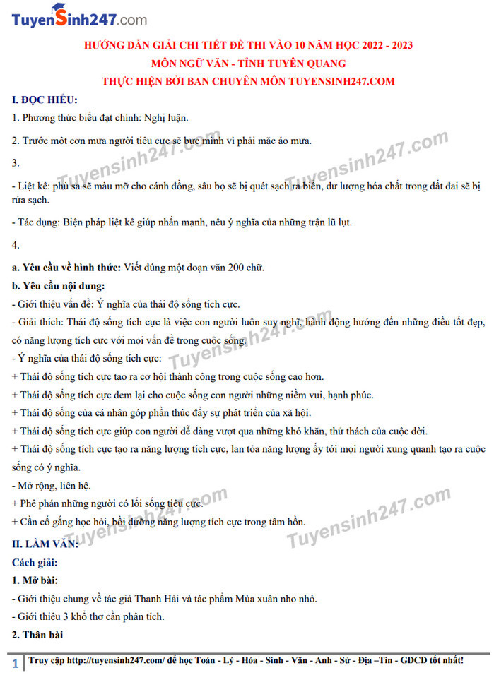 Dap an de thi vao lop 10 mon Van - Tuyen Quang nam 2022