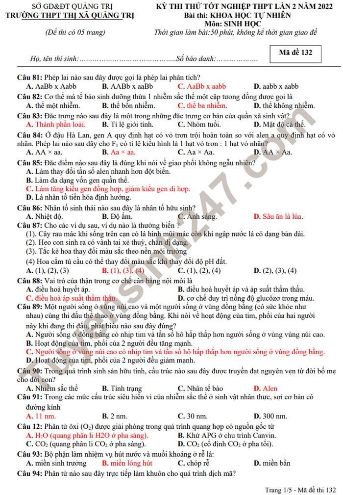 De thi thu mon Sinh tot nghiep THPT 2022 lan 2 - THPT Thi xa Quang Tri