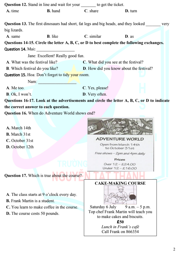 De thi vao lop 6 mon Anh - THCS THPT Nguyen Tat Thanh 2022