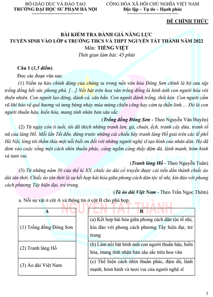 De tuyen sinh vao lop 6 THCS-THPT Nguyen Tat Thanh 2022 - mon Tieng Viet