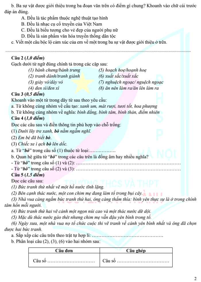 De tuyen sinh vao lop 6 THCS-THPT Nguyen Tat Thanh 2022 - mon Tieng Viet