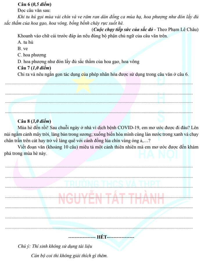 De tuyen sinh vao lop 6 THCS-THPT Nguyen Tat Thanh 2022 - mon Tieng Viet