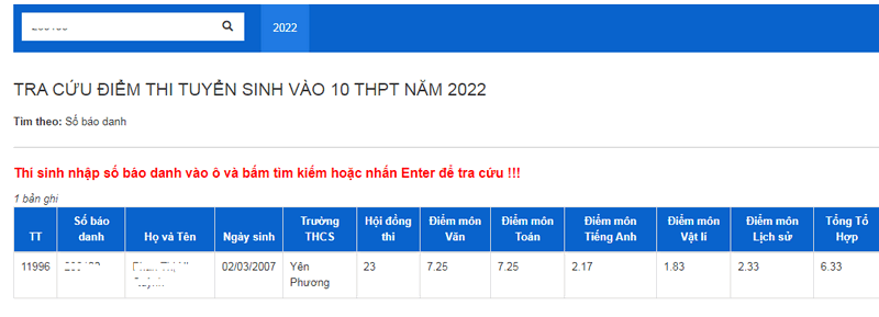 Tra cuu diem thi vao lop 10 Vinh Phuc nam 2022