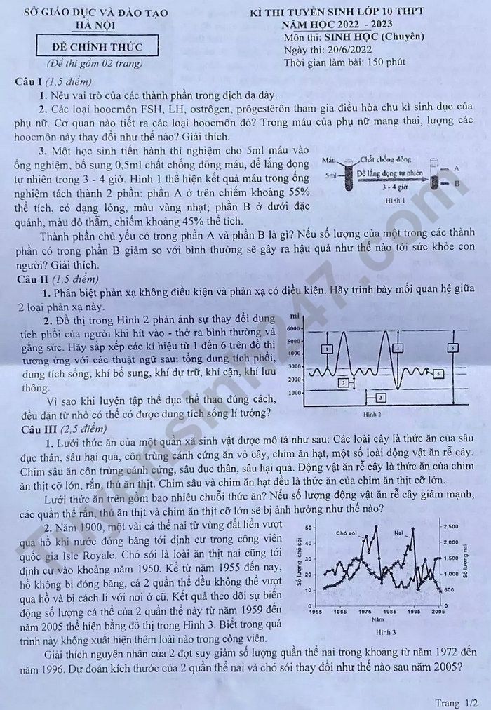 De thi vao lop 10 nam 2022 mon Sinh chuyen - Ha Noi