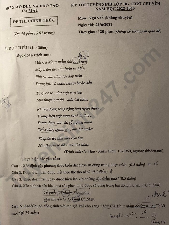 De thi vao lop 10 mon Van 2022 - THPT Chuyen Phan Ngoc Hien