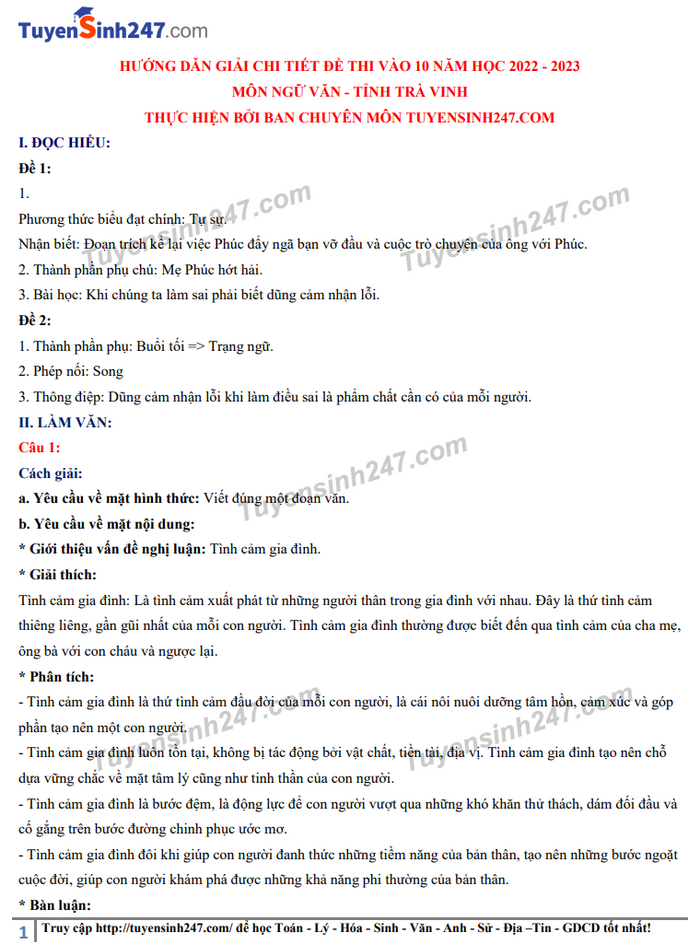 De thi mon Van vao lop 10 tinh Tra Vinh 2022 - Co dap an
