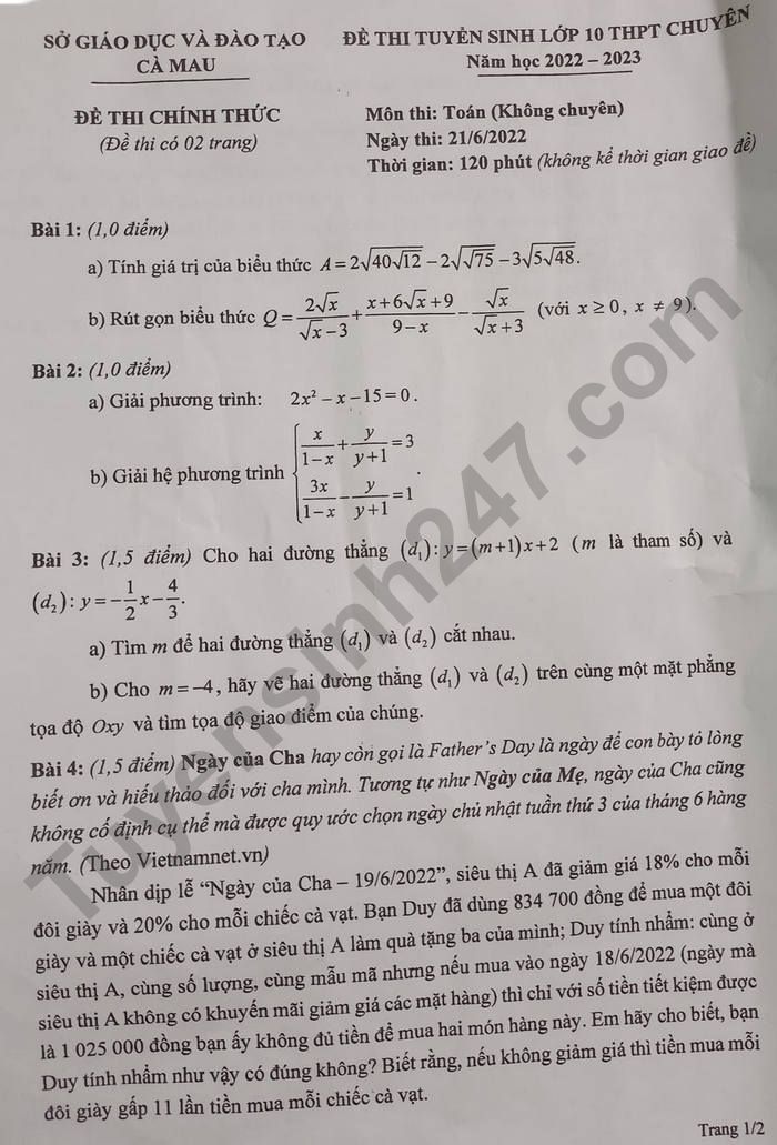 De thi vao lop 10 THPT Chuyen Phan Ngoc Hien 2022 - mon Toan