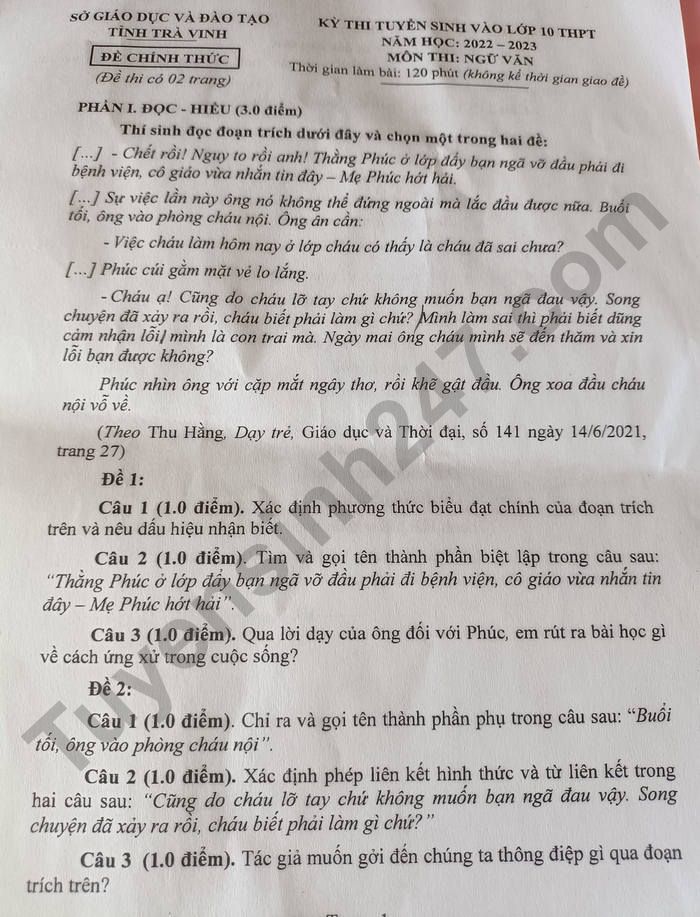 De thi mon Van vao lop 10 tinh Tra Vinh 2022 - Co dap an