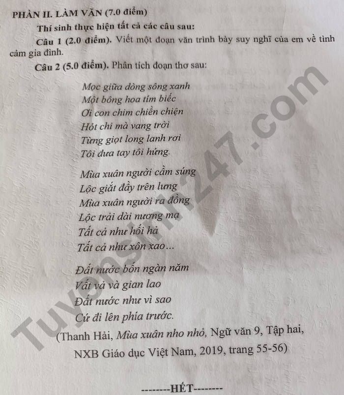 De thi mon Van vao lop 10 tinh Tra Vinh 2022 - Co dap an