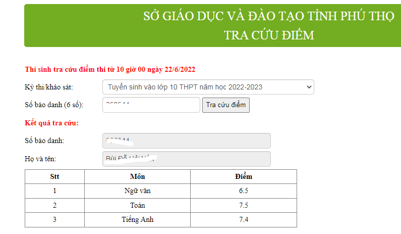 Phu Tho cong bo diem thi vao lop 10 nam 2022