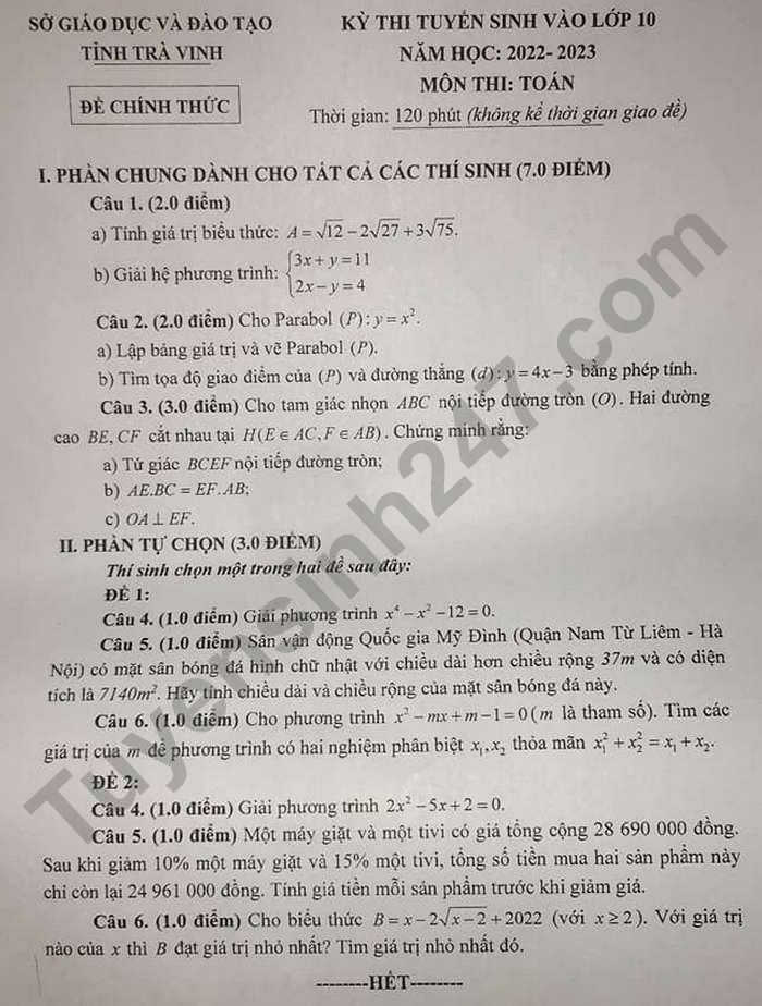 De thi vao lop 10 mon Toan tinh Tra Vinh 2022 (Co dap an)