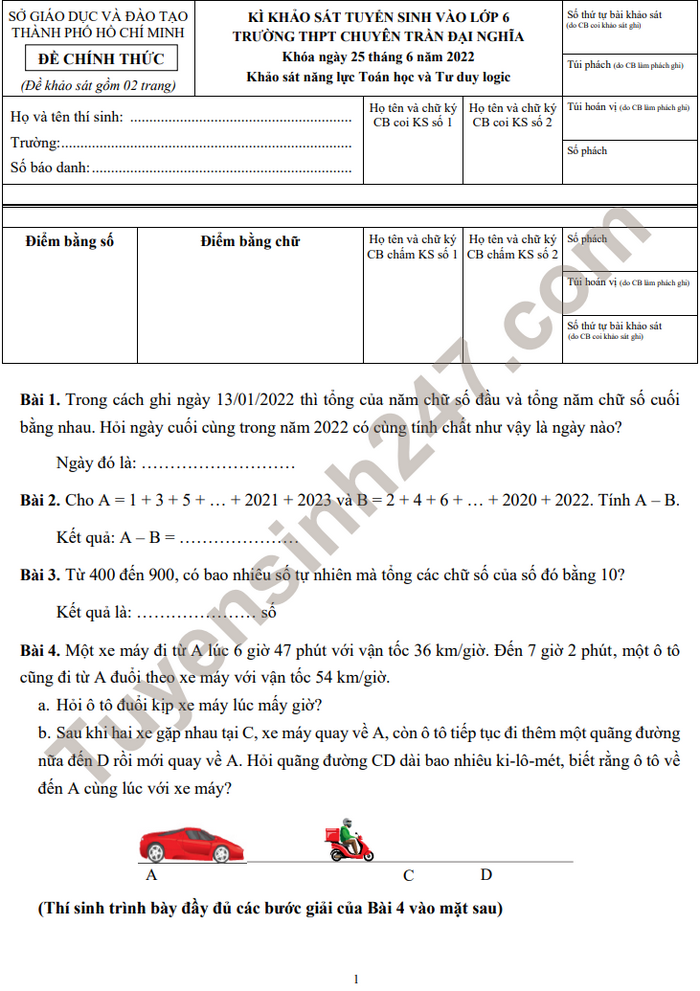 De thi vao lop 6 mon Toan 2022 - THPT Chuyen Tran Dai Nghia (co dap an)