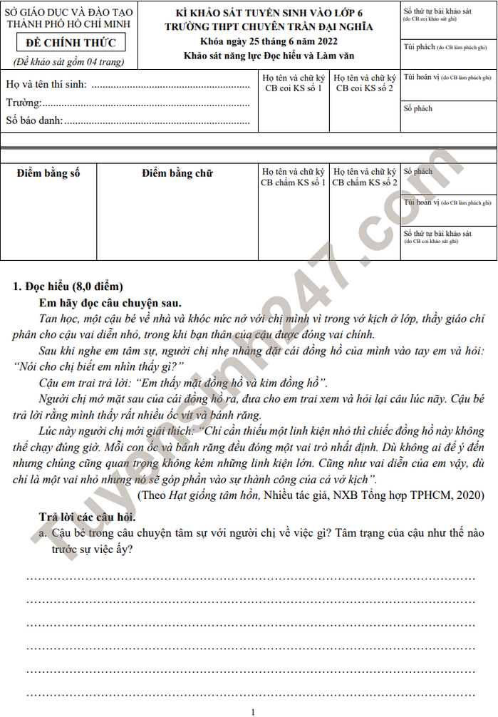 Dap an de thi Doc hieu va Lam van vao lop 6 nam 2022 - THPT Chuyen Tran Dai Nghia