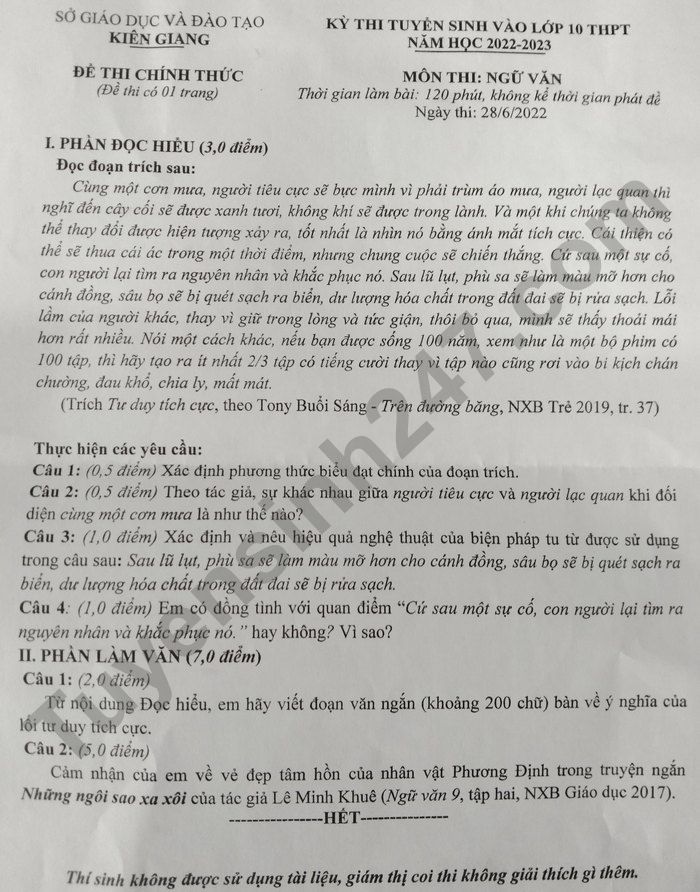 Dap an de thi vao lop 10 Kien Giang mon Van 2022