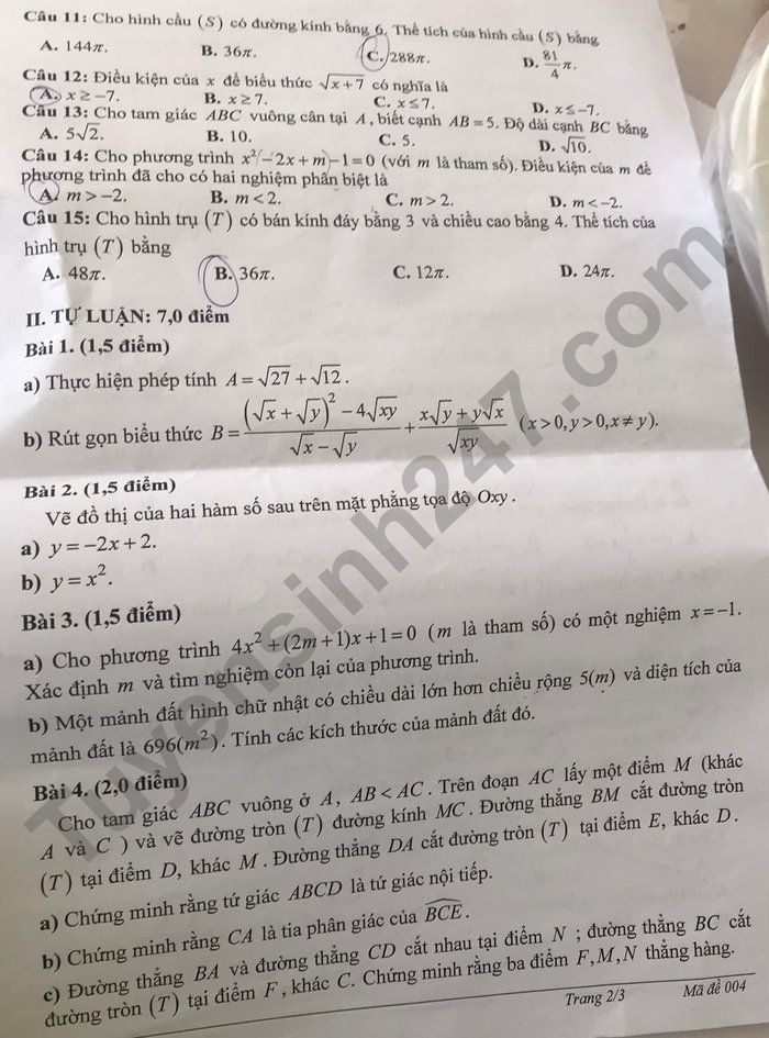 Dap an de thi mon Toan vao lop 10 tinh Kien Giang 2022
