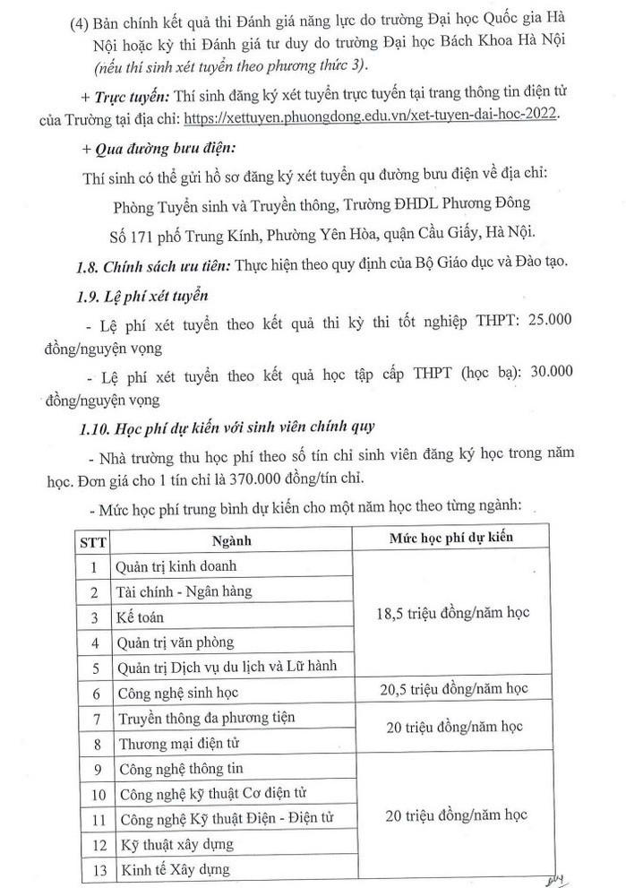 Thong tin tuyen sinh Dai hoc Phuong Dong 2022