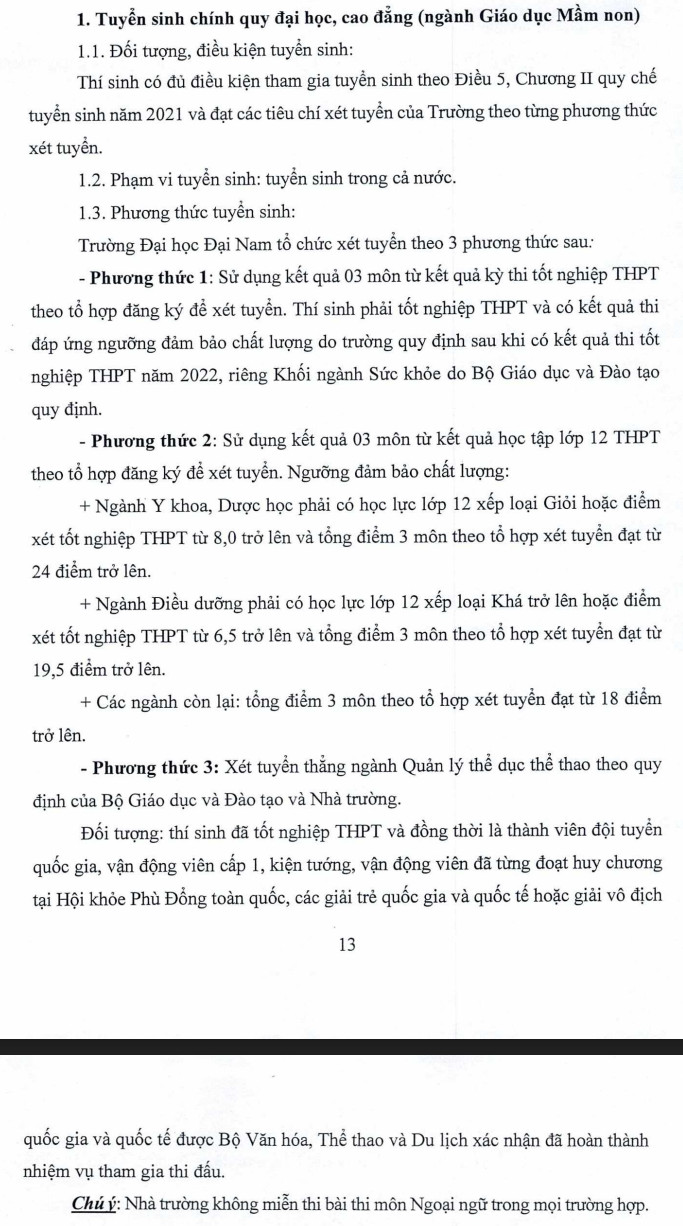 Thong tin tuyen sinh Dai hoc Dai Nam nam 2022
