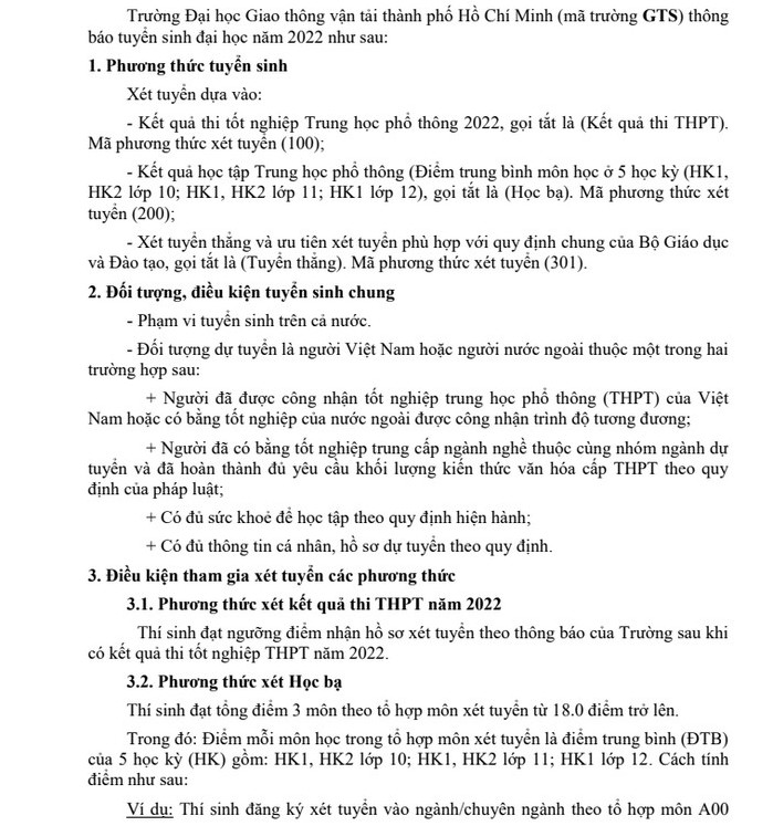 Phuong an tuyen sinh Dai hoc Giao thong Van tai TPHCM nam 2022