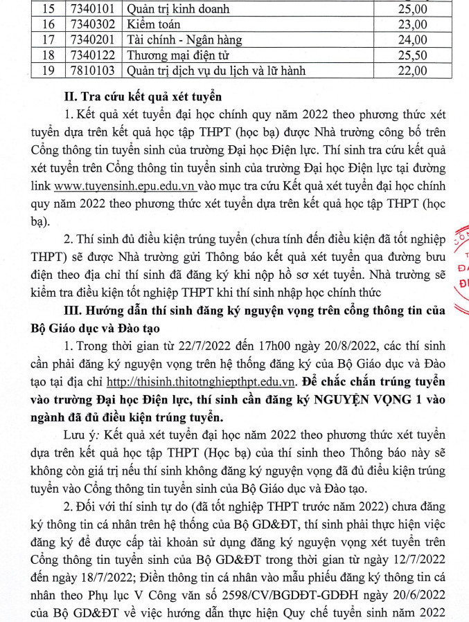 Dai hoc Dien luc cong bo diem chuan hoc ba 2022
