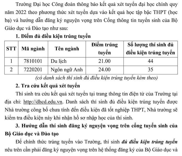 Diem chuan hoc ba Dai hoc Cong doan 2022