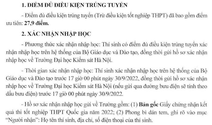 Diem chuan xet tuyen ket hop Dai hoc Kiem sat Ha Noi 2022