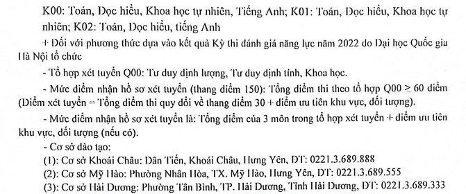 Diem nhan ho so xet tuyen DH Su pham Ky thuat Hung Yen 2022