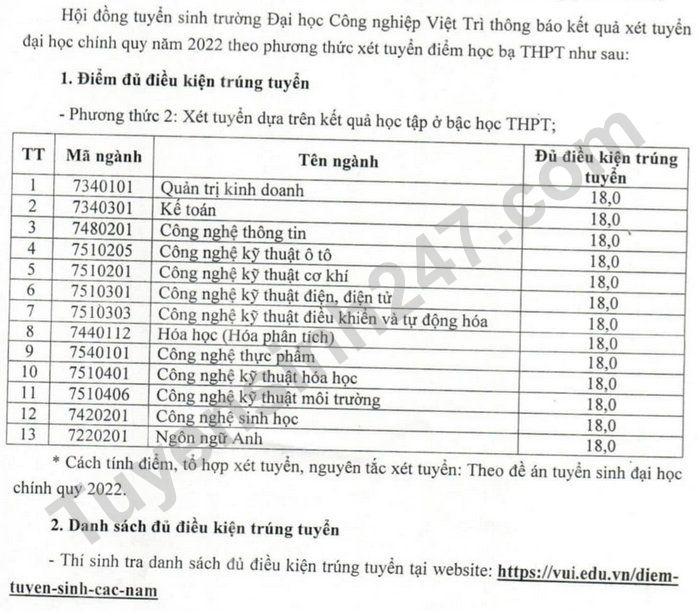 Diem chuan hoc ba Dai hoc Cong nghiep Viet Tri 2022