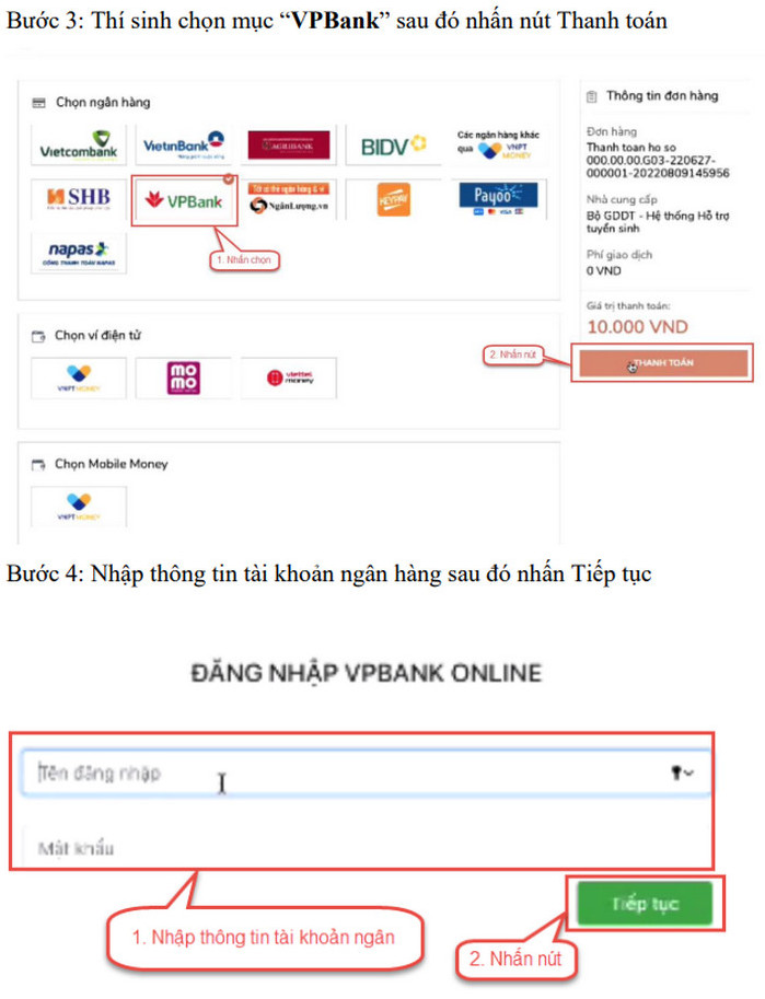 Huong dan thanh toan truc tuyen le phi xet tuyen dai hoc 2022