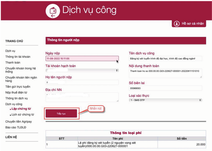 Huong dan thanh toan truc tuyen le phi xet tuyen dai hoc 2022