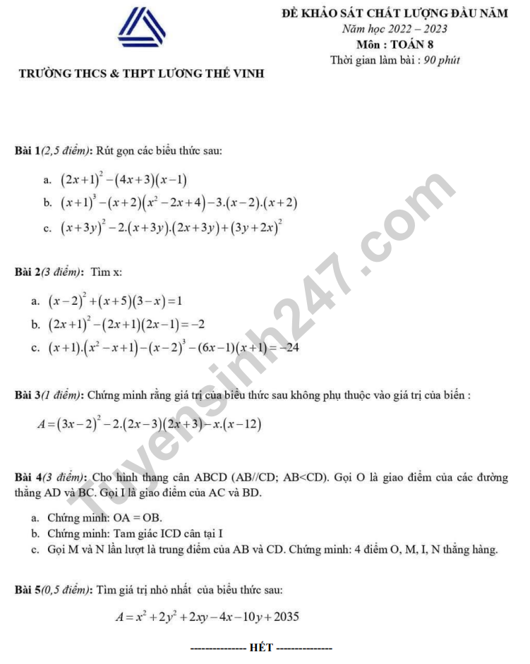 De KSCL dau nam mon Toan lop 8 - THCS THPT Luong The Vinh 2022