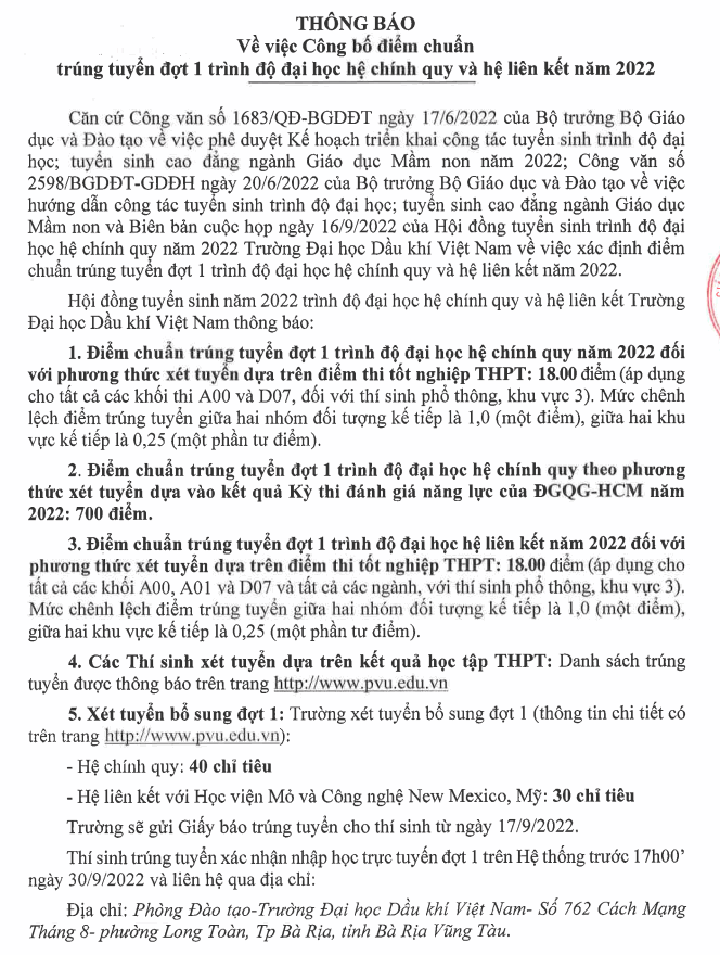 Diem chuan trung tuyen Dai hoc Dau khi Viet Nam 2022