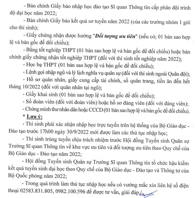Truong Si quan Thong tin cong bo ho so nhap hoc 2022