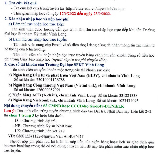 Thu tuc nhap hoc DH Su pham Ky thuat Vinh Long nam 2022