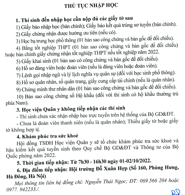 Ho so nhap hoc nam 2022 vao Hoc vien Quan y