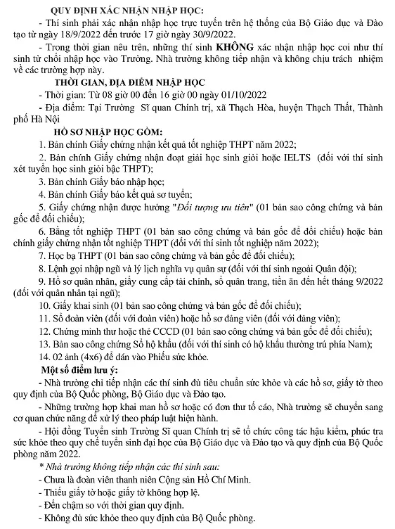 Ho so nhap hoc Truong Si quan Chinh tri nam 2022