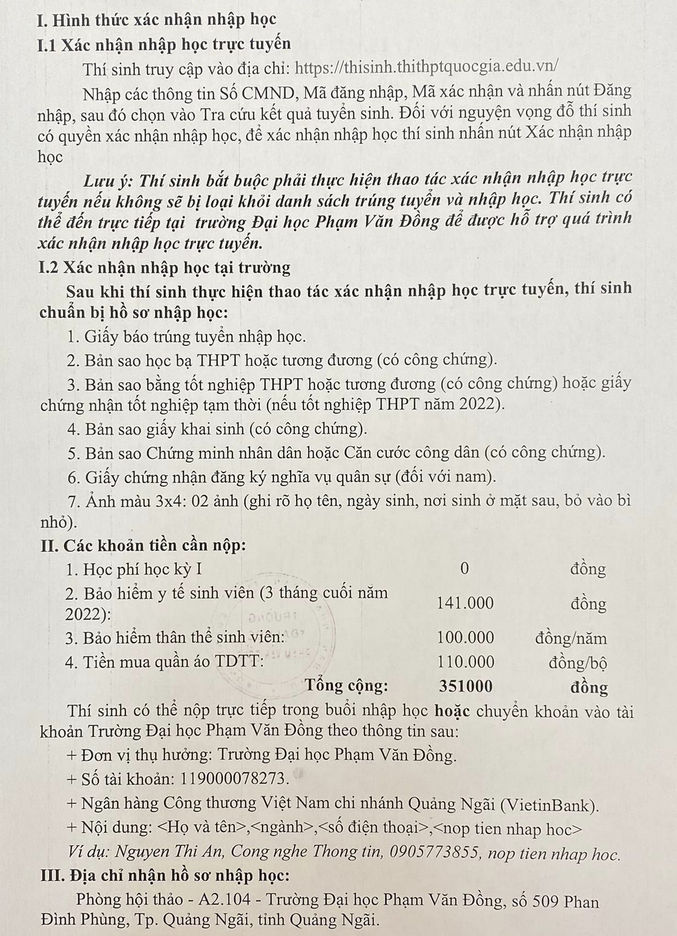 Huong dan thu tuc nhap hoc Dai hoc Pham Van Dong nam 2022