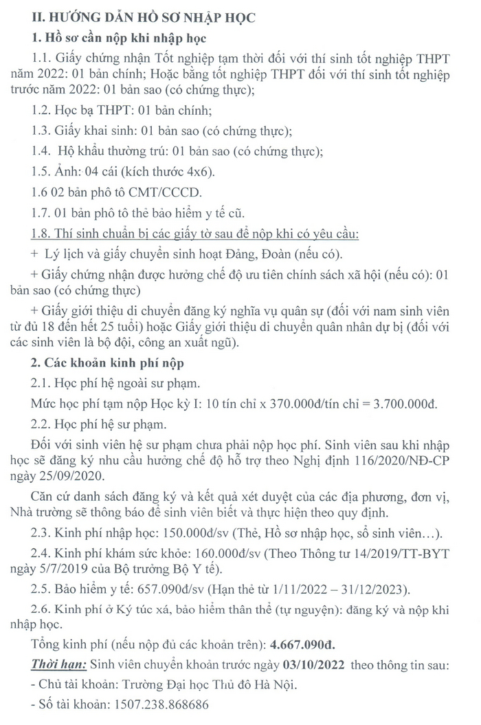 Ho so nhap hoc Dai hoc Thu Do Ha Noi 2022