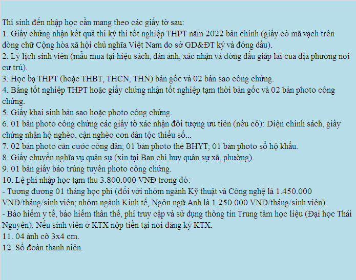 Ho so nhap hoc Dai hoc Ky thuat Cong nghiep - DH Thai Nguyen nam 2022