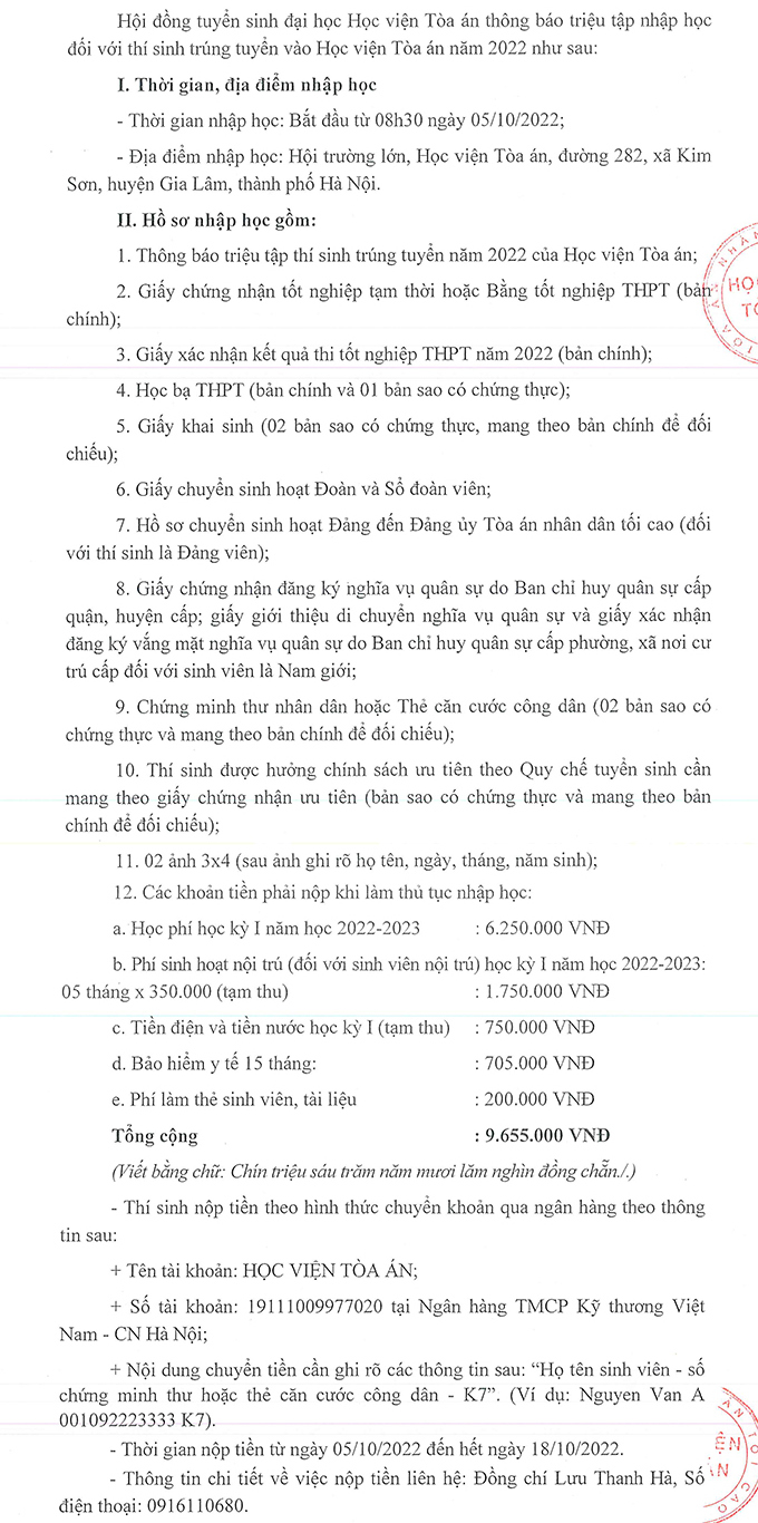 Ho so nhap hoc nam 2022 Hoc vien Toa an